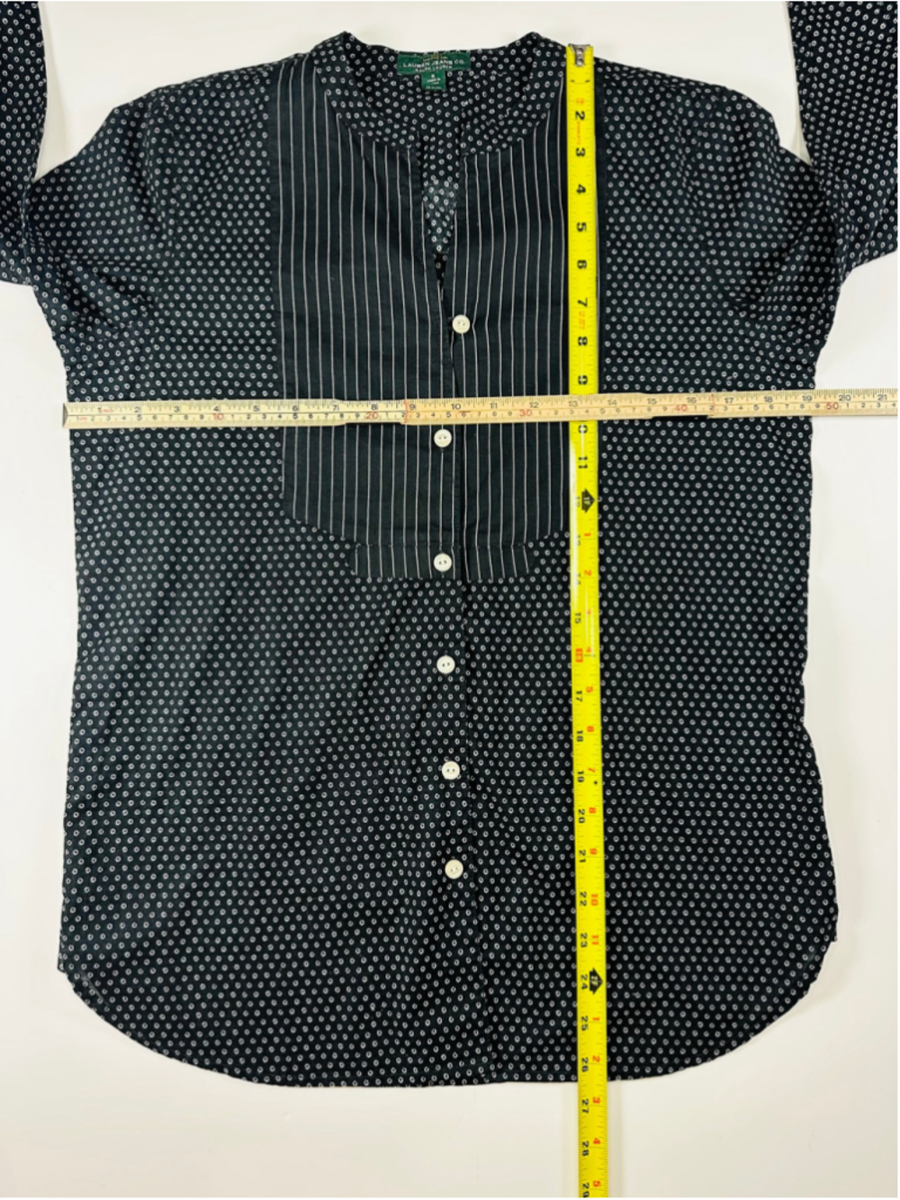 Lauren Jeans Co Ralph Lauren Women’s Small Black White Mixed Print Bib Blouse - Picture 3 of 13